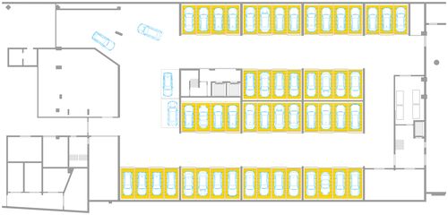 Planritning över ett underjordiskt garage med det halvautomatiska parkeringssystemet WÖHR Combilift 542/543. Parkeringsplatsernas placering visar hur det tillgängliga parkeringsutrymmet används på ett yteffektivt sätt.